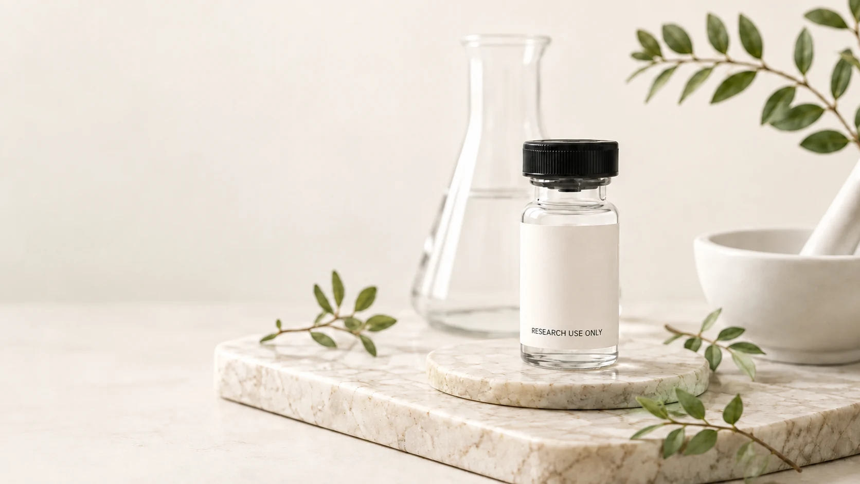 Research peptide vial and packaging on a warm neutral surface
