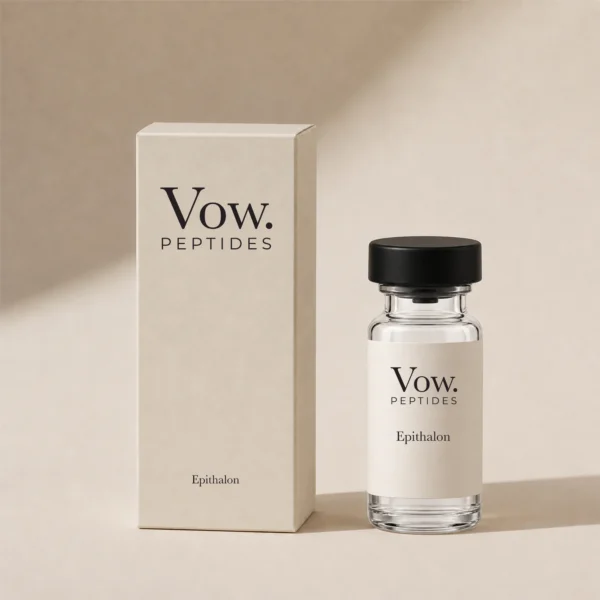 Epithalon vial and carton on a warm neutral background