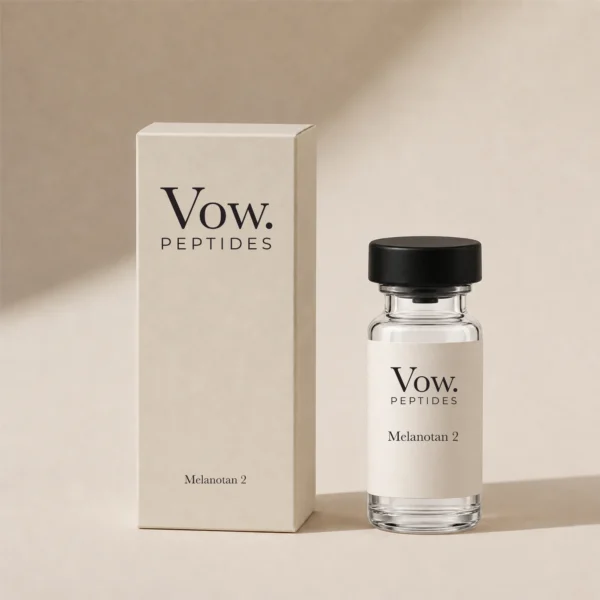 Melanotan 2 vial and carton on a warm neutral background