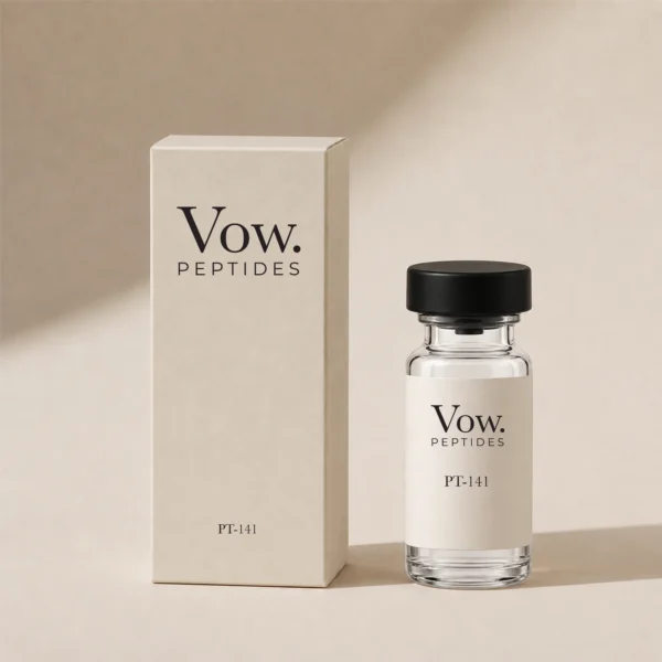 PT-141 vial and carton on a warm neutral background