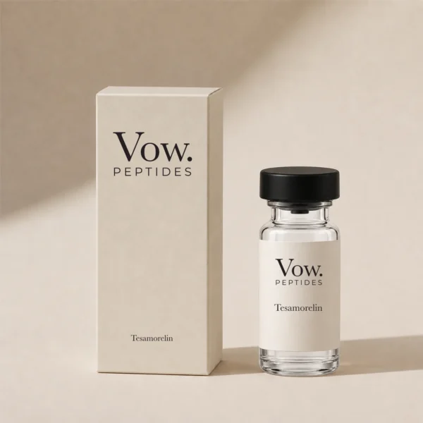 Tesamorelin vial and carton on a warm neutral background